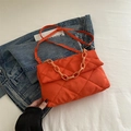 Bright orange quilted shoulder bag with chunky resin chain and adjustable strap - Orange