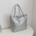 Silver crocodile-embossed large tote bag with metallic finish and shoulder straps - Silver