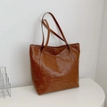 Dark brown tote bag with vintage crocodile pattern texture and spacious shoulder straps - Brown