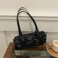 French style black cylindrical shoulder bag with double bow details in PU leather - Black