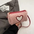 Pink plush cylinder crossbody bag with a red heart patch and premium leather strap - Pink
