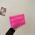 Magenta quilted puffy clutch bag with elegant square texture for winter 2024 fashion - Rose Red