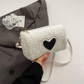 White faux fur cylinder handbag with black heart patch and leather shoulder strap - Off White