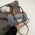 Blue teddy fleece cylinder bag with brown leather trim and heart patch detail - Blue