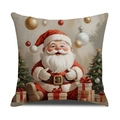 Christmas pillowcase with cute Santa Claus and tree print on linen blend fabric - Santa Claus with Gifts and Ornaments (YMA31-4) / 45x45cm(Case Only)