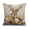 Housse de coussin de Noël beige en lin avec motif renne et décorations festives - Renne aux Bois Magnifiques (YMA34-2) / 45x45cm(Housse Uniquement)