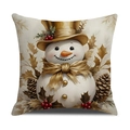 Housse de coussin de Noël avec bonhomme de neige et chapeau doré sur tissu en lin - Bonhomme de Neige avec Haut-de-Forme Doré (YMA34-3) / 45x45cm(Housse Uniquement)
