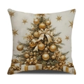 Housse de coussin de Noël en lin avec sapin rétro et ornements étoilés dorés - Sapin de Noël avec Nœud Doré (YMA34-4) / 45x45cm(Housse Uniquement)