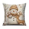 Housse de coussin de Noël avec bonhomme de neige et cerf en texture lin coton - Bonhomme de Neige et Cerf Sika (YMA33-2) / 45x45cm(Housse Uniquement)