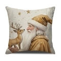 Housse de coussin carrée avec motif Père Noël et cerf sur tissu en lin - Interaction Père Noël et Faon (YMA33-3) / 45x45cm(Housse Uniquement)