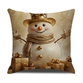 Housse de coussin bonhomme de neige doré avec écharpe et cadeaux sur tissu beige - Bonhomme de Neige avec Chapeau Doré et Cadeaux (YMA21-1) / 45x45cm(Housse Uniquement)