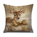 Housse de coussin de Noël texture lin avec imprimé de renne et boîte cadeau - Renne de la Forêt et Boîte Cadeau avec Nœud (YMA21-2) / 45x45cm(Housse Uniquement)