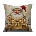 Housse de coussin de Noël carrée avec Père Noël et cadeau doré sur tissu en lin - Père Noël avec Boîte Cadeau Dorée (YMA21-3) / 45x45cm(Housse Uniquement)