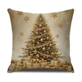 Housse de coussin avec sapin de Noël et ornements dorés sur tissu en lin beige - Sapin de Noël Luxueux et Cadeaux (YMA21-4) / 45x45cm(Housse Uniquement)