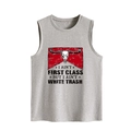 Detail eines grauen Strick-Tanktops mit Vintage-Stierkopf-Grafik und Slogan-Aufdruck - S / Hellgrau