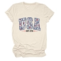 Close-up of USA EST 1776 floral letters and star print on cream cotton t-shirt - Sand