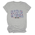 Close-up of USA EST. 1776 floral print and red star on gray cotton blend T-shirt - Light Gray