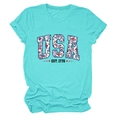 Detail of teal cotton T-shirt featuring USA floral print and EST. 1776 graphic - L / Deep Water Blue