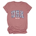 Close-up of USA EST. 1776 floral print on dusty pink crew neck cotton t-shirt - S / Rose Gold