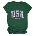 Close-up of USA EST. 1776 floral print on dark green heathered cotton T-shirt - Vintage Green