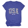 Detail view of the USA EST. 1776 floral print and red star on a blue heather t-shirt - Vintage Blue