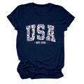 Close-up of navy USA EST. 1776 graphic print with red floral star details on cotton T-shirt - Navy Blue