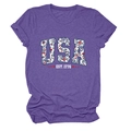 Detail of USA EST. 1776 floral print on a heather purple crew neck short sleeve T-shirt - Purple