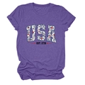 Détail de l'imprimé floral USA EST. 1776 et manche roulée sur t-shirt violet chiné - S / Violet (Impression noire)
