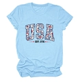 Close-up of USA EST. 1776 floral letter print on light blue cotton t-shirt - Light Blue