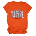 Close-up of USA EST. 1776 floral print on bright orange cotton crewneck t-shirt - Orange