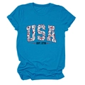 Detail of USA floral print and EST. 1776 lettering on a blue crewneck t-shirt - Lake Blue