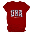 Detailed flat lay of red cotton t-shirt featuring floral USA and EST 1776 print - Red