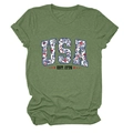 Close-up of USA EST. 1776 floral print and red stars on olive green cotton T-shirt - Olive Green