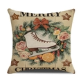 Leinen-Weihnachtskissenhülle mit Vintage-Schlittschuhen und Winterkranz in Beige - 45x45cm / Schlittschuhe Stil (YMA24-3)