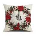 Funda de cojín navideña con corona festiva y campanas plateadas sobre lino tejido - Estilo Corona de Navidad Campanas (YMA44-1)