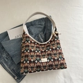 Sac fourre-tout jacquard géométrique coloré avec anses en cuir blanc et étiquette - Marron