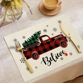 Tovaglietta natalizia in lino con camion rosso vintage e scritta Believe per la tavola - Stile Camion Retrò Albero di Natale (CDX1-38)