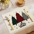 Tovaglietta natalizia in lino con albero a quadri e scritta Merry Christmas - Stile Albero di Natale a Quadretti (CDX1-39)