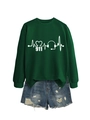 Detailed close-up of sweatshirt ECG print with headphones and ripped denim shorts - Dark Green Sweatshirt (White Font)