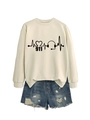 Flat lay of cream crewneck sweatshirt with 911 heart rate print and distressed denim shorts - Sand Sweatshirt (Black Font)