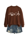 Detail view of brown sweatshirt with heart rate monitor, 911, and headphone graphic print - Coffee Sweatshirt (White Font)