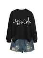 Close-up of black sweatshirt with heart rate, headphones, and 911 graphic print - Black Sweatshirt (White Font)