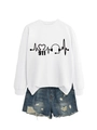 Detail of 911 heartbeat and headset print on white sweatshirt with denim shorts - White Sweatshirt (Black Font)