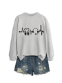 Detail of grey sweatshirt with 911 heartbeat print and ripped denim shorts for women - Grey Sweatshirt (Black Font)