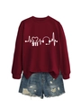 Detail of burgundy sweatshirt with heartbeat and 911 graphic paired with frayed denim shorts - Wine Red Sweatshirt (White Font)