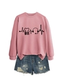 Detail of pink sweatshirt with electrocardiogram and headphone print paired with ripped shorts - Rose Gold Sweatshirt (Black Font)