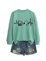 Detailed view of mint green sweatshirt featuring black EKG heart and headphone prints - Light Green Sweatshirt (Black Font)