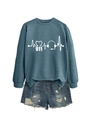 Detail of greyish-blue sweatshirt with heart rhythm print and distressed denim shorts set - Blue Sweatshirt (White Font)