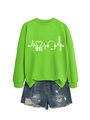Flat lay of green sweatshirt with heartbeat print and ripped denim shorts for women - Fluorescent Green Sweatshirt (White Font)