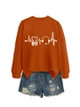 Close-up of orange crewneck sweatshirt with 911 heart rhythm and headphone graphic print - Burnt Orange (White Font)